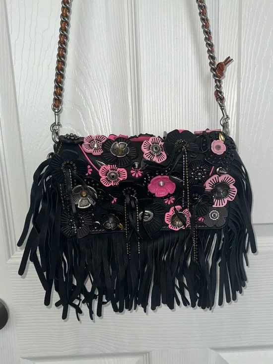Coach Black Pink Wild Tea Rose Fringe Dinky NWOT Leather Never Carried - Picture 1 of 9